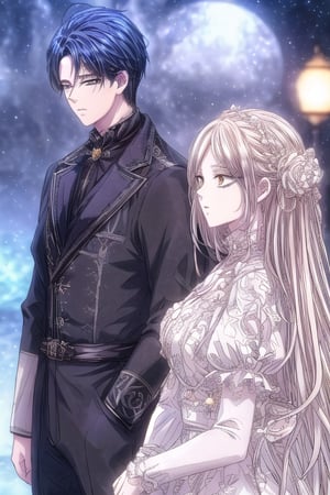 A mystical tableau unfolds: A couple, adorned in Victorian finery, pose against a mysterious backdrop. The woman's prim, pale locks cascade down her back, framing her ethereal features. Her bright yellow-golden eyes gleam like lanterns in the night. Across from her, the man stands tall, his dark blue hair slicked back, revealing piercing blue ocean eyes that seem to hold the secrets of the deep. The soft focus and warm lighting evoke a sense of nostalgia, as if plucked from a forgotten era.