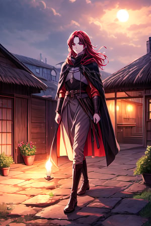 A woman with fiery red hair and golden eyes, shrouded beneath a dark green cloak that cascades over her head. She wears a flowing gray dress, its simplicity belied by the dramatic cape that wraps around her. Her feet are clad in black boots as she walks through the medieval village, the warm glow of torches and lanterns casting a rustic ambiance, while the thatched roofs and crumbling stone walls of the nearby cottages blend seamlessly into the misty backdrop, all under a somber gray sky with clouds tinted orange by the setting sun.