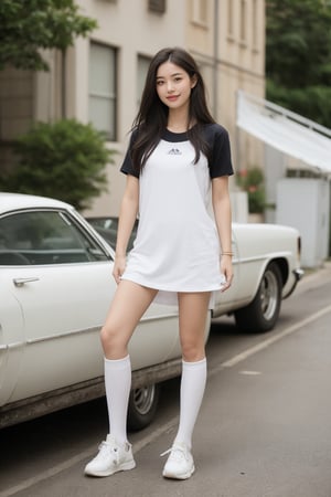 20-year-old girl,solo, long hair, looking at viewer, smile, black hair, dress, brown eyes, standing, full body, short sleeves, outdoors, shoes, day, socks, white dress, tree, lips, kneehighs, white footwear, white socks, ground vehicle, sneakers, realistic, hands in pockets, road, street