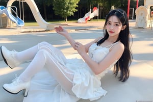 4k,best quality,masterpiece,18yo 1girl,(lolita_fashion),(white stockings), alluring smile, 
(Beautiful and detailed eyes),
Detailed face, detailed eyes, double eyelids ,thin face, real hands, Slender legs, whole body, white shoes, semi visible abs, ((short hair with long locks:1.2)), black hair, playground background,
real person, 
