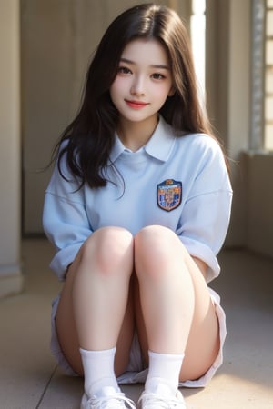 (8k,  best quality,  masterpiece,  ultra high res,  highly detail face:1.3),  whole body,   (12 years old girl:1.3),  beautiful,  kawaii,  (very wide shot :1.2),  (long hair :1.3),  dark hair,  ((bob)),  Slender legs, white sneakers,clothes,  from front,  (smile :1.2), sweat ,  (morning:1.3), School, Uniforms, 