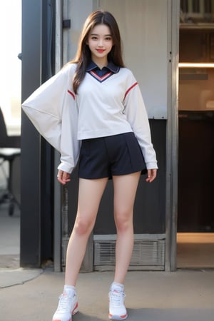 (8k,  best quality,  masterpiece,  ultra high res,  highly detail face:1.3),  Stand whole body,   (12 years old girl:1.3),  beautiful,  kawaii,  (very wide shot :1.2),  (long hair :1.3),  dark hair,  ((bob)),  Slender legs, white sneakers,clothes,  from front,  (smile :1.2), sweat ,  (morning:1.3), School, Uniforms, 
