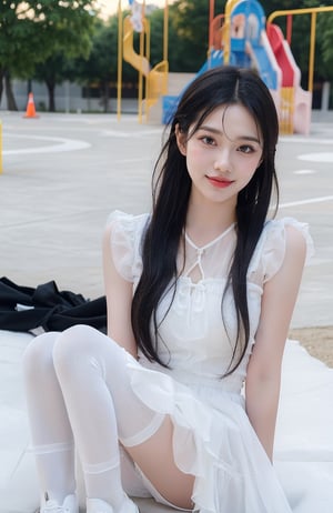 4k,best quality,masterpiece,18yo 1girl,(lolita_fashion),(white stockings), alluring smile, 
(Beautiful and detailed eyes),
Detailed face, detailed eyes, double eyelids ,thin face, real hands, Slender legs, whole body, white shoes, semi visible abs, ((short hair with long locks:1.2)), black hair, playground background,
real person, 
