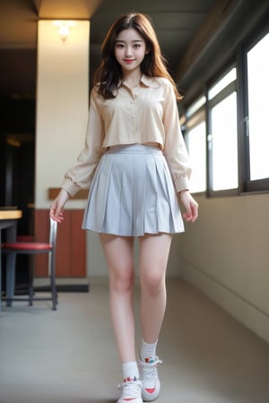 (8k,  best quality,  masterpiece,  ultra high res,  highly detail face:1.3),  Stand whole body, portrait,  (12 years old girl:1.3),  beautiful,  kawaii,  (very wide shot :1.2),  (long hair :1.3),  dark hair,  ((bob)),  Slender legs, white sneakers,clothes,  from front,  (smile :1.2), sweat ,  (morning:1.3), School, Uniforms, 