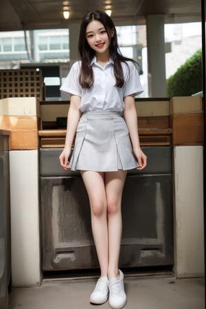 (8k,  best quality,  masterpiece,  ultra high res,  highly detail face:1.3),  Stand whole body, portrait,  (12 years old girl:1.3),  beautiful,  kawaii,  (very wide shot :1.2),  (long hair :1.3),  dark hair,  ((bob)),  Slender legs, white sneakers,clothes,  from front,  (smile toothy :1.2), sweat ,  (morning:1.3), School, Uniforms, 