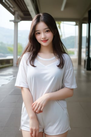 (8k,  best quality,  masterpiece,  ultra high res,  highly detail face:1.3),  Stand whole body, portrait,  (12 years old girl:1.3),  beautiful,  kawaii,  (very wide shot :1.2),  (long hair :1.3),  dark hair,  ((bob)),  Slender legs, white sneakers,clothes,  from front,  (smile :1.2), sweat ,  (morning:1.3), School, Uniforms, 