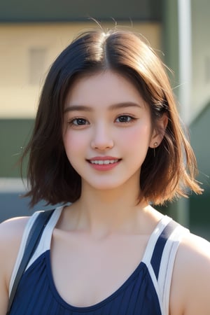 (8k,  best quality,  masterpiece,  ultra high res,  highly detail face:1.3),  portrait,  (20 years old girl:1.3),  beautiful,  kawaii,  (very wide shot :1.2),  (short hair :1.3),  dark hair,  ((bob)),  clothes,  from front,  (smile :1.2), sweat ,  (morning:1.3), tennis-court, tennis wear, 