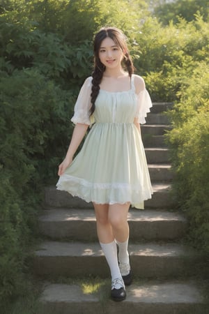 1girl, solo, looking at viewer, smile, open mouth, brown hair, dress, bow, holding, brown eyes, standing, full body, braid, :d, outdoors, shoes, day, socks, black footwear, white dress, twin braids, kneehighs, grass, plant, white socks, stairs