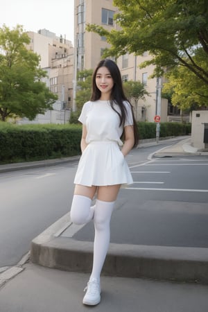 20-year-old girl,solo, long hair, looking at viewer, smile, black hair, dress, brown eyes, standing, full body, short sleeves, outdoors, shoes, day, socks, white dress, tree, lips, kneehighs, white footwear, white socks, ground vehicle, sneakers, realistic, hands in pockets, road, street