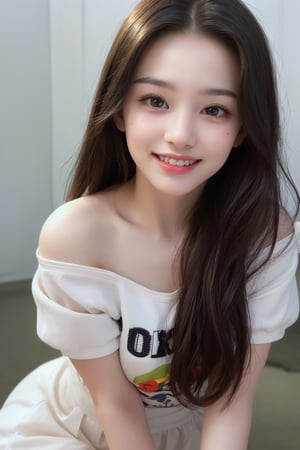 (8k,  best quality,  masterpiece,  ultra high res,  highly detail face:1.3),  Stand whole body, portrait,  (12 years old girl:1.3),  beautiful,  kawaii,  (very wide shot :1.2),  (long hair :1.3),  dark hair,  ((bob)),  Slender legs, white sneakers,clothes,  from front,  (smile toothy :1.2), sweat ,  (morning:1.3), School, Uniforms, 