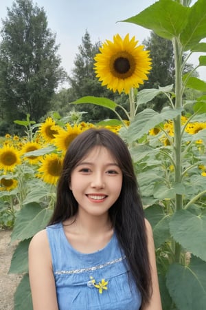 1girl, solo, long hair, looking at viewer, smile, open mouth, bangs, black hair, brown eyes, upper body, flower, outdoors, teeth, sleeveless, day, mole, tree, blue shirt, ground vehicle, motor vehicle, realistic, yellow flower, sunflower, car, road, photo background