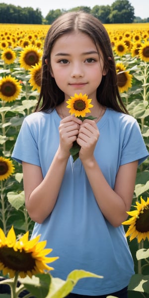  10 years old, A beautiful girls. Sunflower field. Best Quality, Crazy Details and Sharp Focus, Masterpiece, Professional, Award Winning, Fine Detail, High Detail, UHD, 64k, Soft Look