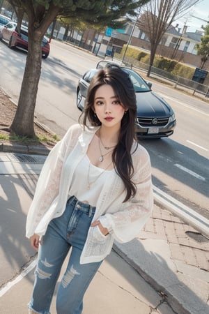 1girl, solo, long hair, looking at viewer, shirt, black hair, jewelry, white shirt, outdoors, day, pants, necklace, tree, lips, dutch angle, denim, ground vehicle, motor vehicle, jeans, realistic, hands in pockets, car, road, street, photo background