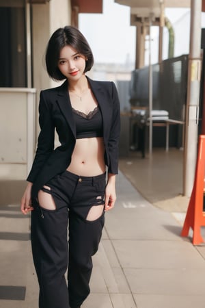 4k,best quality,masterpiece,20yo 1girl,(black suit and pants, alluring smile, head ornaments 

(Beautiful and detailed eyes),
Detailed face, detailed eyes, double eyelids ,thin face, real hands, muscular fit body,whole body,Full body standing, slender legs, semi visible abs, ((short hair with long locks:1.2)), black hair, black playground,


real person, color splash style photo,
