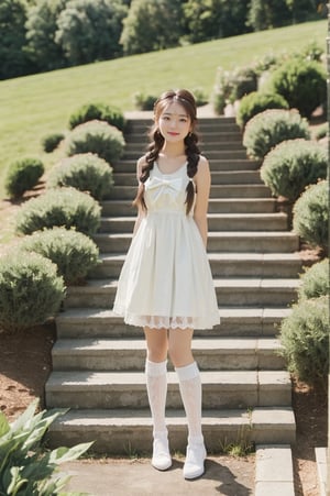 1girl, solo, looking at viewer, smile, open mouth, brown hair, dress, bow, holding, brown eyes, standing, full body, braid, :d, outdoors, shoes, day, socks, black footwear, white dress, twin braids, kneehighs, grass, plant, white socks, stairs