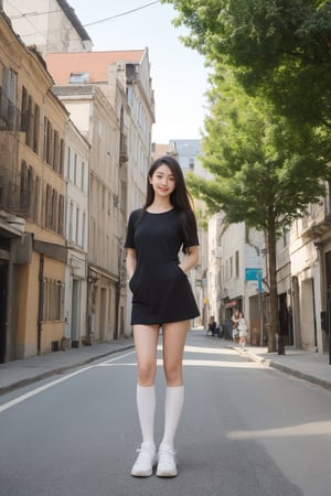 20-year-old girl,solo, long hair, looking at viewer, smile, black hair, dress, brown eyes, standing, full body, short sleeves, outdoors, shoes, day, socks, white dress, tree, lips, kneehighs, white footwear, white socks, ground vehicle, sneakers, realistic, hands in pockets, road, street