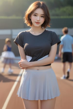 (8k,  best quality,  masterpiece,  ultra high res,  highly detail face:1.3),  portrait,  (20 years old girl:1.3),  beautiful,  kawaii,  (very wide shot :1.2),  (short hair :1.3),  dark hair,  ((bob)),  clothes,  from front,  (smile :1.2), sweat ,  (morning:1.3), tennis-court, tennis wear, 
