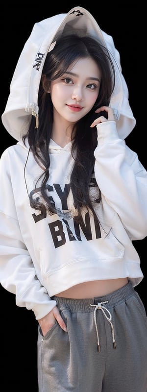 4k,best quality,masterpiece,18yo 1girl,(cropped sweatshirt),(demin pant), alluring smile, open hoodie,

(Beautiful and detailed eyes),
Detailed face, detailed eyes, double eyelids ,thin face, real hands, muscular fit body, semi visible abs, ((short hair with long locks:1.2)), black hair, black background,lolita


real person, color splash style photo,
