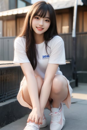 (8k,  best quality,  masterpiece,  ultra high res,  highly detail face:1.3),  Stand whole body, portrait,  (12 years old girl:1.3),  beautiful,  kawaii,  (very wide shot :1.2),  (long hair :1.3),  dark hair,  ((bob)),  Slender legs, white sneakers,clothes,  from front,  (smile toothy :1.2), sweat ,  (morning:1.3), School, Uniforms, 