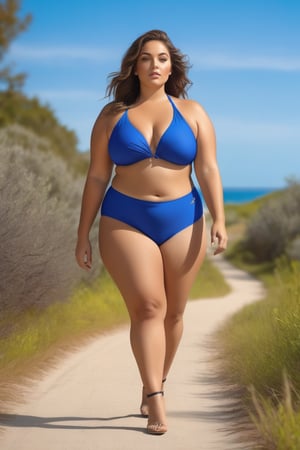 a woman in a blue swimsuit is walking down the road, hyperrealistic full figure, full figured mother earth, photorealistic perfect body, curvy hourglass figure, curvy body, thick body, curvy figure, realistic bikini, giant stunning goddess shot, voluptuous body, beautiful thick female, nature goddess, curvy model, sexy hot body