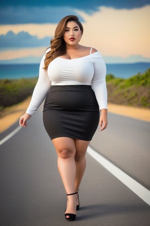 a woman in a white top and black skirt walking down a road, thicc, she has a jiggly fat round belly, curvy model, bbwchan, thick body, miniskirt, beautiful thick female, bbw, curvy figure, thick thighs, wearing skirt, curvy body, skinny waist and thick hips, beautiful short skirt, giant stunning goddess shot