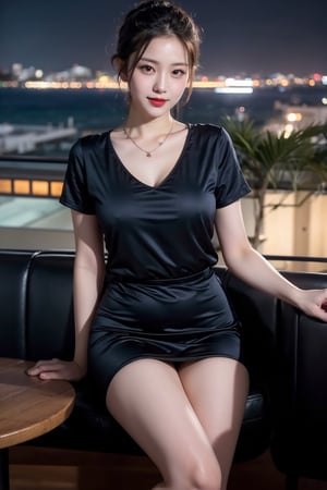 (Best quality, 8k, 32k, Masterpiece, real life, photorealistic, photorealistic, UHD:1.2),lifelike rendering, Photo of Pretty Korean woman, 1girl, solo, 20yo, stunning, (medium-short dark brown updo), double eyelids, highly detailed eyes, glossy plump lips, lipstick, daily makeup, exquisite facial, natural medium-large breasts, wide hips, long-legged, slender legs, slender body, soft curves, (pale skin:1.3), exquisite real skin texture, necklace, white cotton blouse, navy loose long skirt, shiny pantyhose, nude pumps heels, exposed, seductive, (midnight, night, dark theme:1.4), seaside cafe, sitting on cafe chair, sexy face, sexy eyes, smile, from below, legs focus, photon mapping, ray tracing, (beautiful legs), detailed hair, detailed fabric rendering, detailed background, masterpiece, best quality,