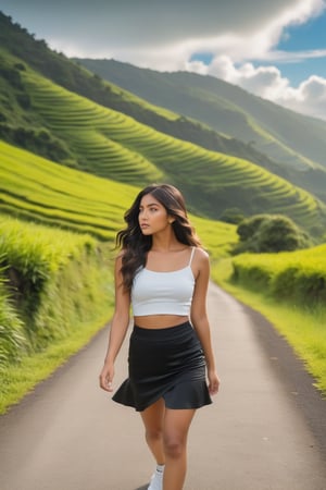 A young woman walks confidently down a winding road surrounded by lush hills. She wears a white crop top and a black flared mini skirt, paired with black sneakers. Her long, wavy hair cascades over her shoulders, and she has a neutral expression. The background features a picturesque blue sky with scattered clouds, enhancing the vibrant greenery of the landscape.