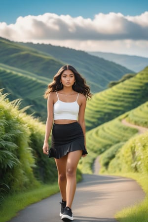 A young woman walks confidently down a winding road surrounded by lush hills. She wears a white crop top and a black flared mini skirt, paired with black sneakers. Her long, wavy hair cascades over her shoulders, and she has a neutral expression. The background features a picturesque blue sky with scattered clouds, enhancing the vibrant greenery of the landscape.