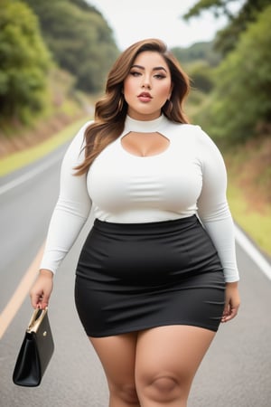 a woman in a white top and black skirt walking down a road, thicc, she has a jiggly fat round belly, curvy model, bbwchan, thick body, miniskirt, beautiful thick female, bbw, curvy figure, thick thighs, wearing skirt, curvy body, skinny waist and thick hips, beautiful short skirt, giant stunning goddess shot