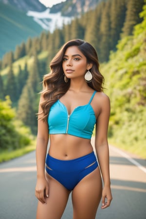 A confident young woman stands on a scenic road surrounded by greenery. She wears a stylish blue crop top with a zipper and matching bikini bottom. Her long, wavy hair cascades over her shoulders, and she accessorizes with dangling earrings. The background features a blurred landscape of trees and mountains, contributing to a vibrant outdoor atmosphere.