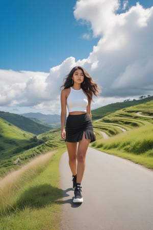 A young woman walks confidently down a winding road surrounded by lush hills. She wears a white crop top and a black flared mini skirt, paired with black sneakers. Her long, wavy hair cascades over her shoulders, and she has a neutral expression. The background features a picturesque blue sky with scattered clouds, enhancing the vibrant greenery of the landscape.