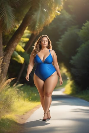 a woman in a blue swimsuit is walking down the road, hyperrealistic full figure, full figured mother earth, photorealistic perfect body, curvy hourglass figure, curvy body, thick body, curvy figure, realistic bikini, giant stunning goddess shot, voluptuous body, beautiful thick female, nature goddess, curvy model, sexy hot body