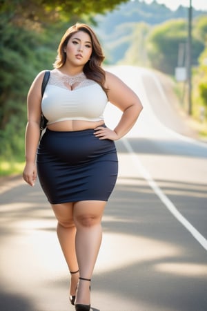 a woman in a top and skirt walking down a road, thicc, she has a jiggly fat round belly, curvy model, bbwchan, thick body, miniskirt, beautiful thick female, bbw, curvy figure, thick thighs, wearing skirt, curvy body, skinny waist and thick hips, beautiful short skirt, giant stunning goddess shot