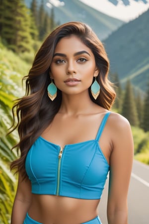 A confident young woman stands on a scenic road surrounded by greenery. She wears a stylish blue crop top with a zipper and matching bikini bottom. Her long, wavy hair cascades over her shoulders, and she accessorizes with dangling earrings. The background features a blurred landscape of trees and mountains, contributing to a vibrant outdoor atmosphere.