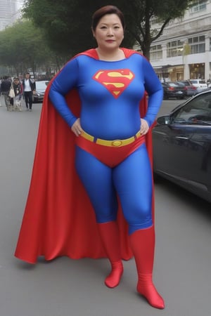 45 years old woman, very fat, wear a zentai spandex satin costume of superman 