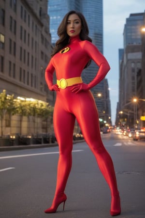 A curvaceous, 35-year-old beauty stands confidently in a vibrant red The Incredibles-inspired spandex zentai satin costume. The sleek, high-neckline design accentuates her voluptuous figure as she strikes a powerful pose against a bold, cityscape backdrop. Golden lighting casts a warm glow on her radiant skin, emphasizing the dynamic folds and creases of the iconic costume.