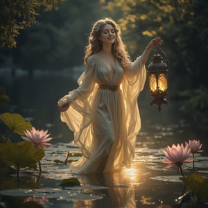 A captivating muse, a young woman with an ethereal presence, standing at the edge of a serene pond under the soft glow of dawn. She is bathed in a gentle cascade of light that emanates from an antique, floating lantern held aloft in her delicate hand. Her skin is luminescent, reflecting the warm hues of the early morning sun that kisses the water's surface, casting a shimmering path leading to her. The muse's long, flowing hair is a tapestry of golden threads, waving softly as if carried by an invisible breeze, and it blends seamlessly with the golden light that surrounds her. Her eyes are closed, a peaceful smile playing on her lips, as if lost in a tranquil meditation or a secret conversation with the light itself. The folds of her diaphanous gown ripple like liquid gold, revealing the silhouette of her graceful form beneath. The pond is still, with water lilies and lotus flowers opening to greet the new day, their petals mirroring the light and adding a touch of pink and white to the predominantly golden scene. The background is a canvas of soft blues and purples, the remnants of night gently giving way to the approaching day. The scene exudes a sense of harmony and tranquility, as the muse of light seems to be both the source and the embodiment of the warm, life-giving rays that penetrate the early morning mist.