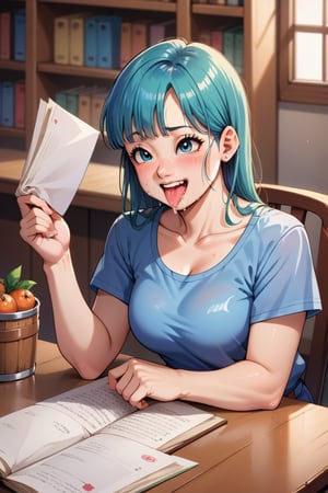 BREAK,score_4_up,score_5_up,score_6_up,score_7_up,score_8_up,score_9, source_anime, masterpiece,best quality, Oily skinned, Oily hair, (Masterpiece),(Top quality, perfect face), personundertable, Bulma (Bulma from Dragon Ball), blue hair, drooling, open mount, tongue out