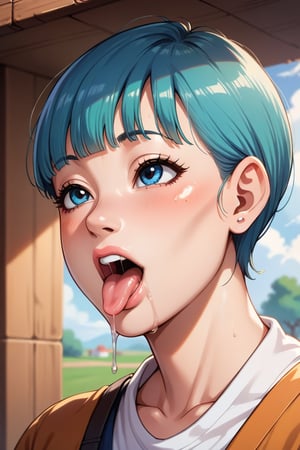 BREAK,score_4_up,score_5_up,score_6_up,score_7_up,score_8_up,score_9, source_anime, masterpiece,best quality, Oily skinned, Oily hair, (Masterpiece),(Top quality, perfect face), personundertable, Bulma (Bulma from Dragon Ball), blue hair, drooling, open mount, tongue out, excessive saliva