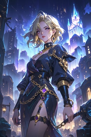 1girl,mature female, cityscape, night, looking at viewer, jewelry, earrings, cowboy shot,gold chain, highres, masterpiece, best quality, absurdres, perfect antomy,camille_lol,scenery,league of legends style