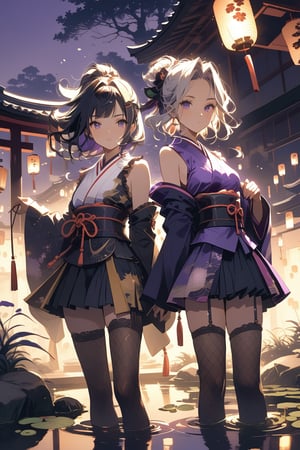 A dimly lit Japanese garden at dusk, with a subtle mist rising from the serene pond. Two stunning kunoichi girls stand together, their piercing gazes fixed directly on the viewer. The soft glow of lanterns accentuates their striking features, highlighting matching headbands and handwear that complement their vibrant purple and black hairstyles. Their curvaceous figures are showcased in tight fishnet thigh-highs, leaving little to the imagination. The camera's focus is razor-sharp, capturing every detail of their beautiful faces, anatomy, and bodies, as if suspended in a moment of time.