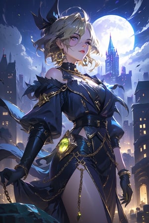 1girl,mature female, cityscape, night, looking at viewer, jewelry, earrings, cowboy shot,gold chain, highres, masterpiece, best quality, absurdres, perfect antomy,camille_lol,scenery,league of legends style