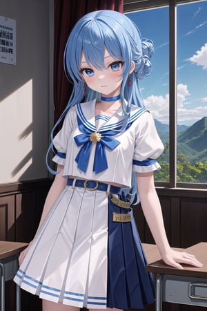 masterpiece, best quality, absurdres, perfect anatomy, SuiseiSchool, long hair, half updo, white serafuku, blue choker, blue bowtie, blue belt, white skirt, short sleeves, indoors, classroom,(masterpiece),scenery