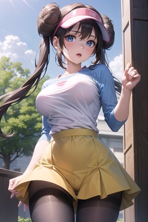 Rosa, Rosa, Brown Hair, Double Bang, doughnut Hair Bun, Hair Bun, blue eyes, Hair between the eyes, Twin tails, Large Breasts, Open your mouth,
break pantyhose, (Pantyhose under shorts), Raglan sleeves, skirt, (yellow skirt), White shirt, Blue Sleeves, Long sleeve, Visor Cap,
break looking at viewer, Upper Body, whole body,
break outdoors,
break (masterpiece:1.2), Highest quality, High resolution, unity 8k wallpaper, (shape:0.8), (Beautiful attention to detail:1.6), Highly detailed face, Perfect lighting, Extremely detailed CG, (Perfect hands, Perfect Anatomy),Pussy Line,(From below),