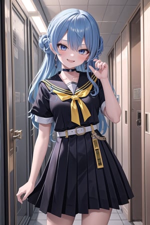 masterpiece, best quality, absurdres, perfect anatomy, SuiseiSchool, long hair, half updo, black serafuku, black shirt, black choker, yellow bowtie, grey belt, black skirt, short sleeves, hallway, school, leaning against lockers, smile, ,(masterpiece),scenery