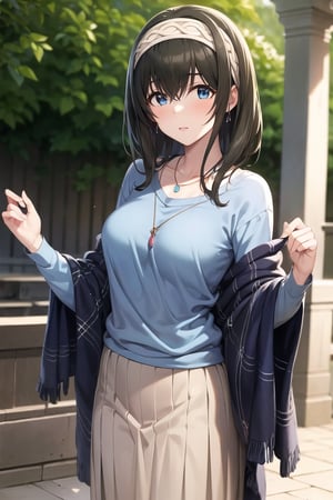 masterpiece, Best Quality, High resolution, aafumika, The Idolmaster, Long Hair, Hairbands, clavicle, necklace, Blue sweater, Blue shawl, Brown Skirt, Cowboy Shot, Standing, Outdoor,