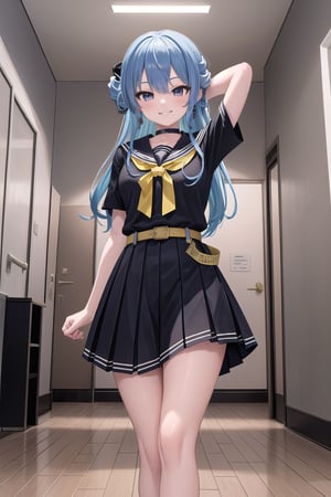 ((office)),  smile,arms behind head,spread legs, ((standing)),masterpiece, best quality, absurdres, perfect anatomy, SuiseiSchool, long hair, half updo, black serafuku, black shirt, black choker, yellow bowtie, grey belt, black skirt, short sleeves, hallway, (masterpiece),scenery,