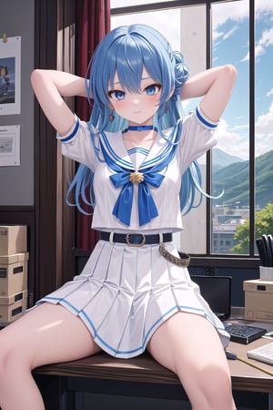 masterpiece, best quality, absurdres, perfect anatomy, SuiseiSchool, long hair, half updo, white serafuku, blue choker, blue bowtie, blue belt, white skirt, short sleeves, indoors, (office),arms behind head,spread legs, standing,(masterpiece),scenery