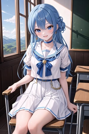 masterpiece, best quality, absurdres, perfect anatomy, SuiseiSchool, long hair, half updo, white serafuku, blue choker, blue bowtie, blue belt, white skirt, short sleeves, indoors, classroom, sitting, chair, smile, ,(masterpiece),scenery