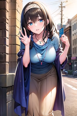 masterpiece, Best Quality, High resolution, aafumika, The Idolmaster, Long Hair, Hairbands, clavicle, necklace, Blue sweater, Blue shawl, Brown Skirt, Cowboy Shot, Standing, sexy pose,Outdoor,bent over and from front,down_blouse,leaning forward